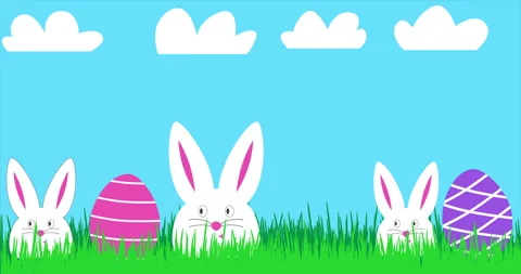 Happy Easter animated banner with three funny white rabbits and colorful Easter Stock Footage 262361984