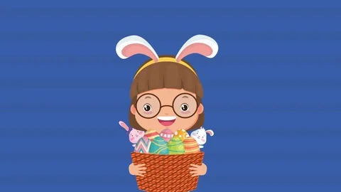 Happy easter animated card with little girl using rabbit ears Stock Footage 126131769