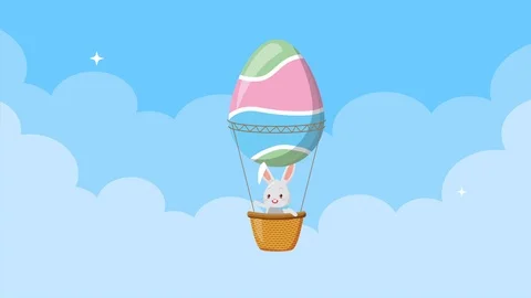 Happy easter animated card with rabbit in egg painted balloon air hot Stock Footage 126192529
