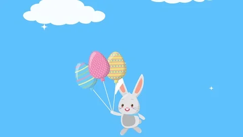 Happy easter animated card with rabbit in eggs balloons helium Stock Footage 126193287