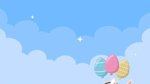 Happy easter animated card with rabbit in basket and balloons helium Stock Footage 126198285