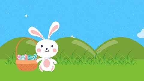 Happy easter animated card with rabbit and eggs painted in the camp Stock Footage 126204212
