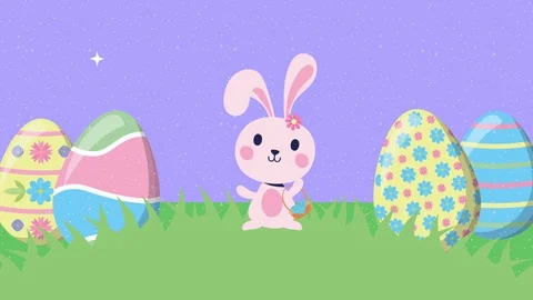 Happy easter animated card with rabbit and eggs painted in the camp Stock Footage 126205960