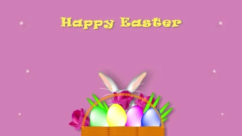 Happy Easter! Animated postcard. Pink background, rabbit, basket with eggs Stock Footage 237151651