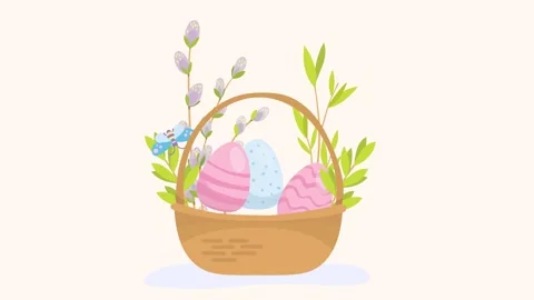 Happy Easter animation with a basket filled with colorful eggs, and butterfly. Vídeo Stock 328977765