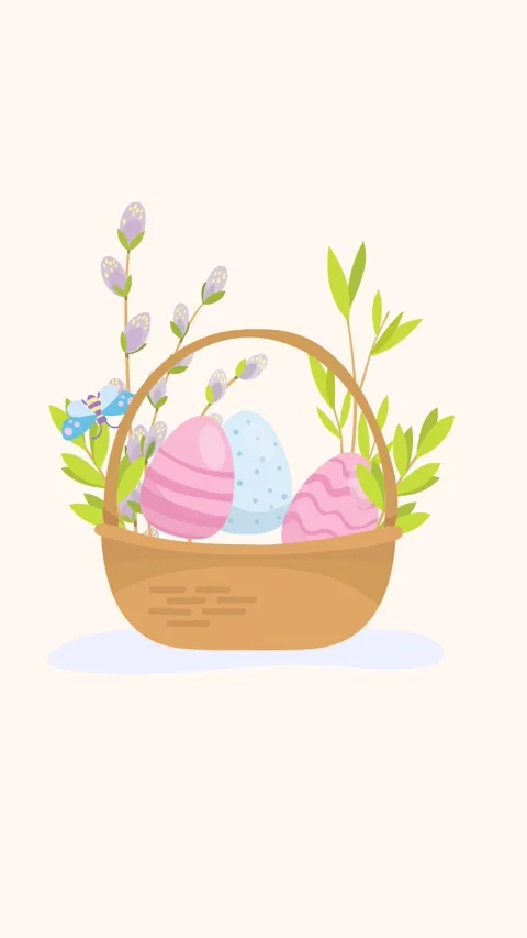 Happy Easter animation with a basket filled with colorful eggs, and butterfly. Stock Footage 329052801