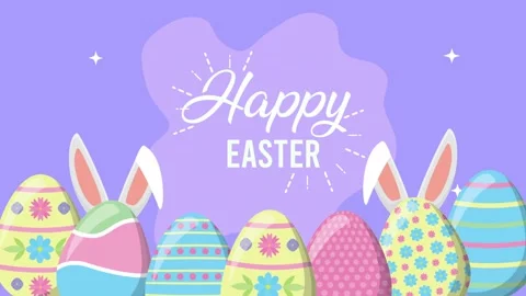 Happy Easter animation with colorful decorated eggs and bunny ears on purpl.. Stock Footage 333295503