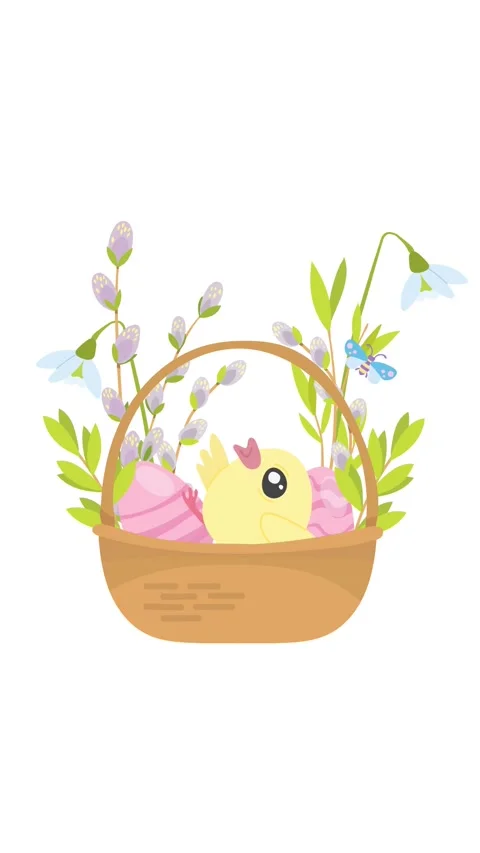 Happy Easter animation with cute yellow chick in a basket filled with colorful Stock Footage 328710699