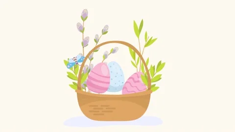 Happy Easter Animation with Jumping Colorful Eggs in Basket, Cute Spring Holiday Stock Footage 330345320