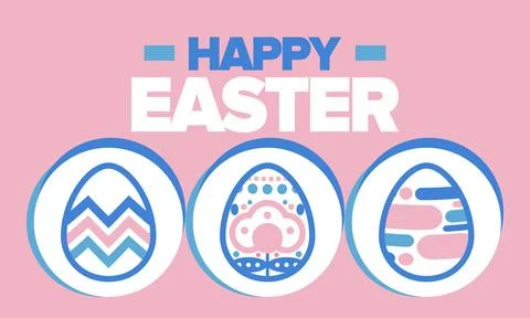 Happy Easter in April. Christian spring holiday. Eggs with patterns. Vector art Illustrazione stock