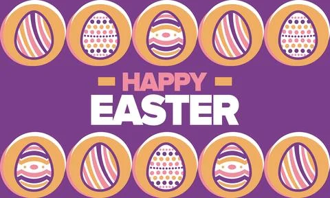 Happy Easter in April. Christian spring holiday. Eggs with patterns. Vector art Stock Illustration