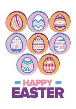 Happy Easter in April. Christian spring holiday. Eggs with patterns. Vector art Stockillustratie