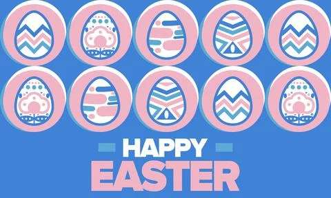 Happy Easter in April. Christian spring holiday. Eggs with patterns. Vector art Stock Illustration