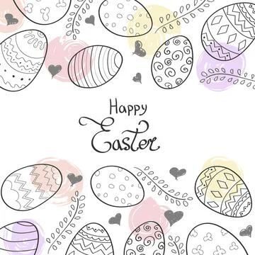 Happy Easter background and lettering, eggs, twigs and hearts Stock Illustration