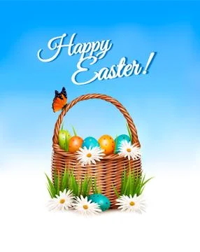 Happy Easter background. Basket with eggs and a butterfly against a blue sky. Stock Illustration