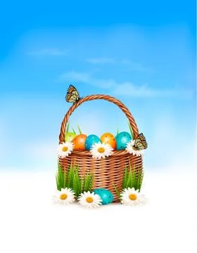 Happy Easter background. Basket with eggs and a butterfly against a blue sky. Stock Illustration