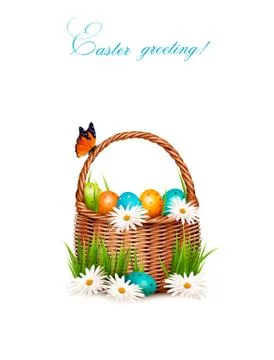 Happy Easter background. Basket with eggs, daisies, grass and a butterfly. Ve Stock Illustration