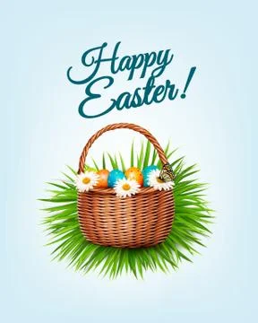 Happy Easter background. Basket with eggs, daisies, grass and a butterfly. Ve Stock Illustration