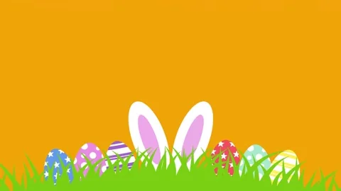 Happy Easter background with bunny ears peeking from grass and colorful eggs Stock Footage 330861935