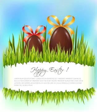 Happy Easter background with chocolate eggs with bows on green grass. Stock Illustration
