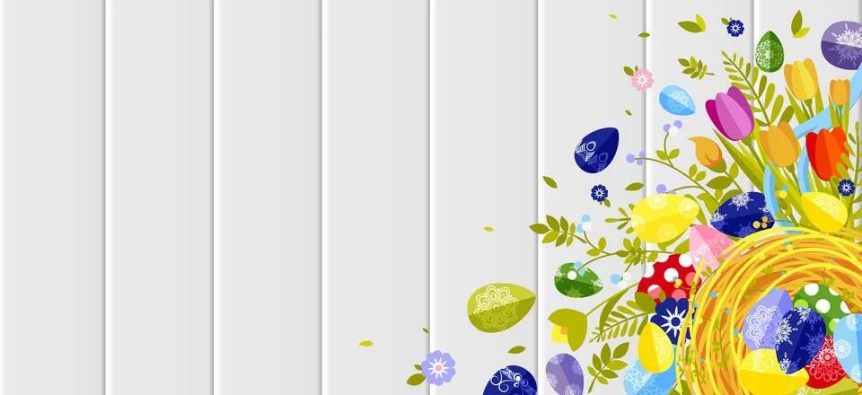 Happy Easter background colored eggs, spring decoration, leave, tulip flower 스톡 일러스트