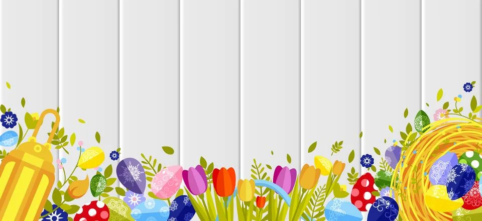 Happy Easter background colored eggs, spring decoration, leave, tulip flower 스톡 일러스트