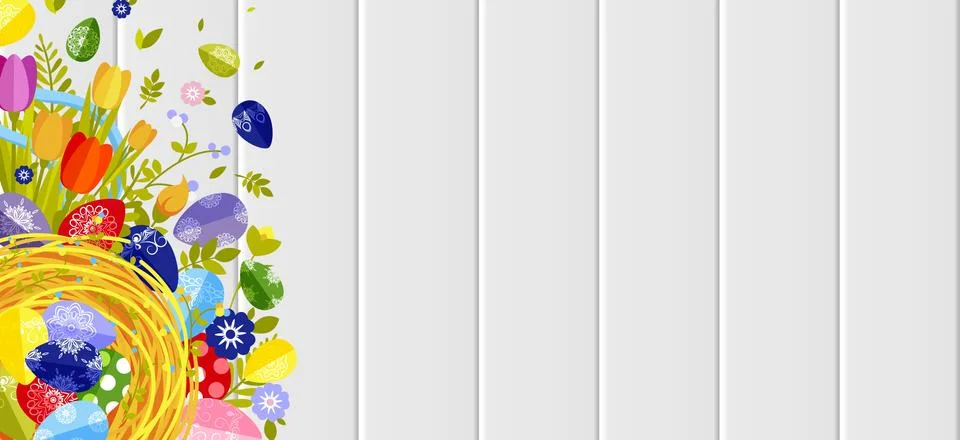 Happy Easter background colored eggs, spring decoration, leave, tulip flower Stock Illustration