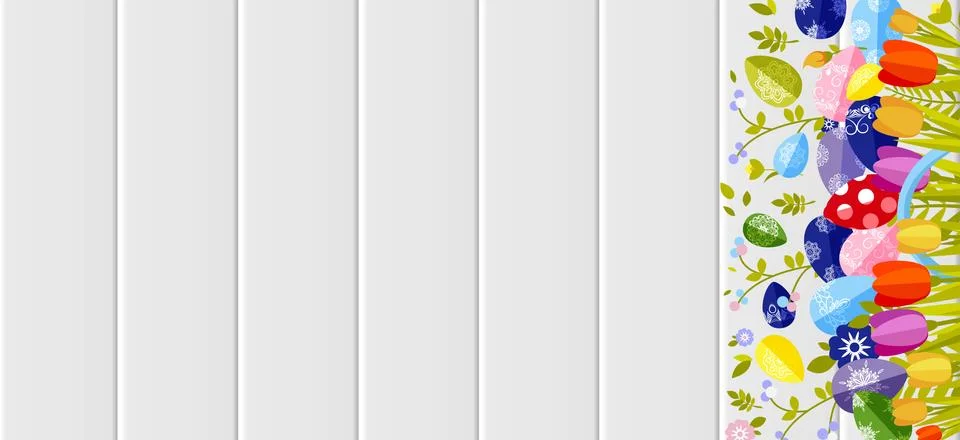 Happy Easter background colored eggs, spring decoration, leave, tulip flower Stock Illustration