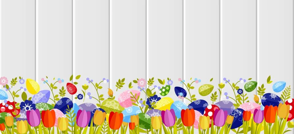 Happy Easter background colored eggs, spring decoration, leave, tulip flower Stock Illustration