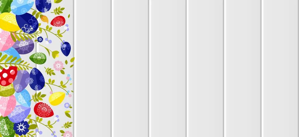 Happy Easter background colored eggs, spring decoration, leave, tulip flower 스톡 일러스트