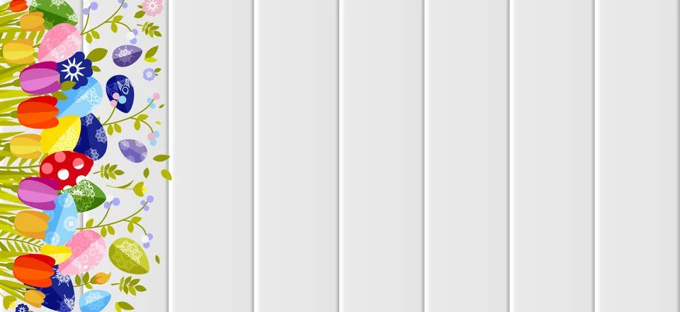 Happy Easter background colored eggs, spring decoration, leave, tulip flower 스톡 일러스트