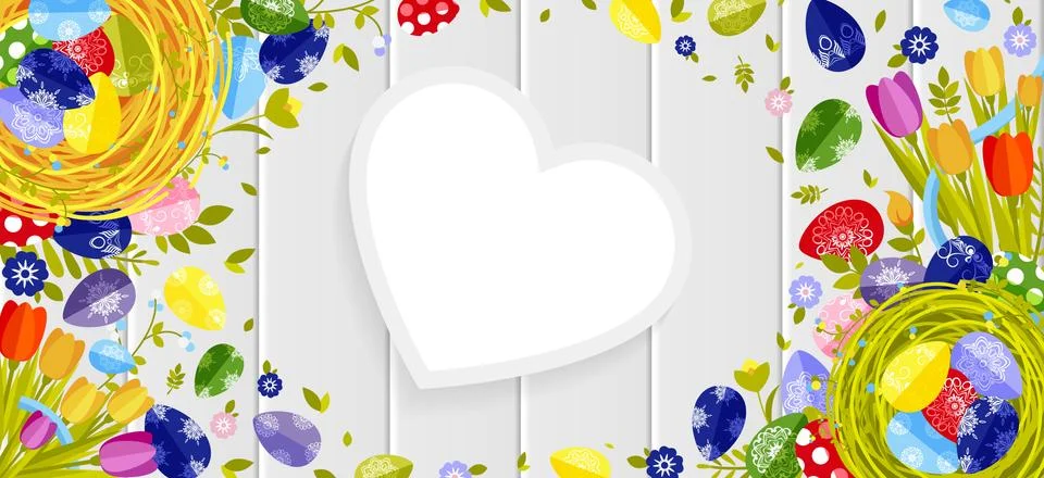 Happy Easter background colored eggs, spring decoration, leave, tulip flower Stock Illustration