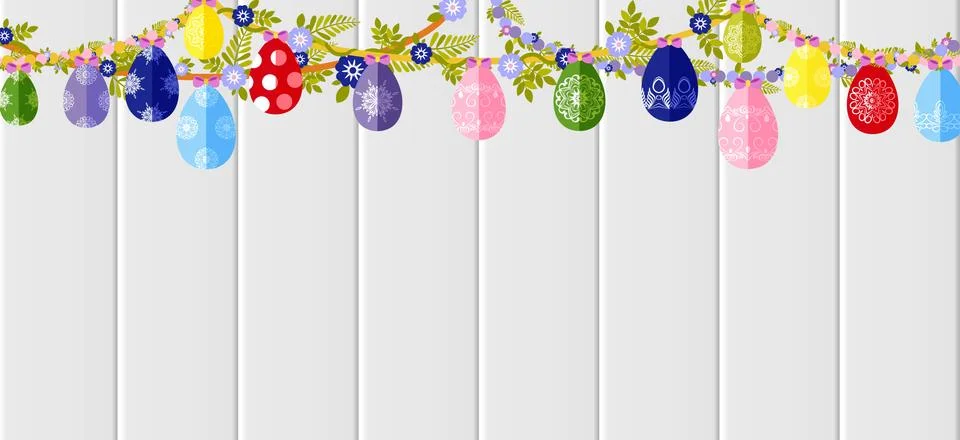 Happy Easter background colored eggs, spring decoration, leave, tulip flower Stock Illustration