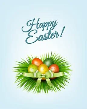 Happy Easter background. Colorful easter eggs on green grass. Vector. Stock Illustration