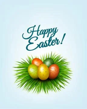 Happy Easter background. Colorful easter eggs in green grass. Vector. Stock Illustration