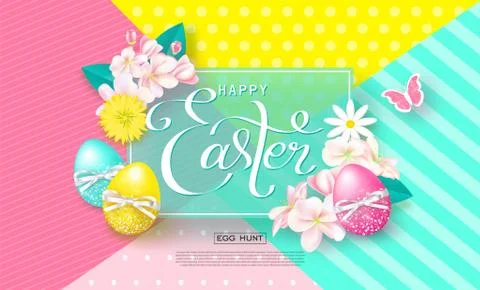 Happy Easter background with colorful eggs,flowers and butterfly. Egg hunt Stock Illustration