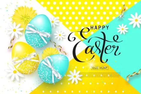 Happy Easter background with colorful eggs,flowers and serpentine. Egg hunt Stock Illustration