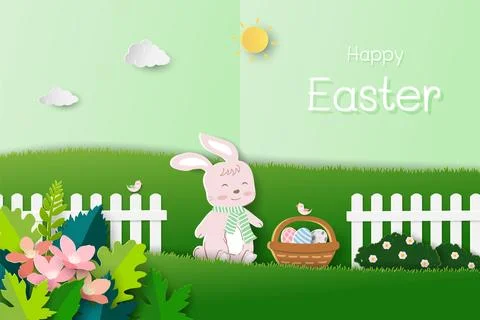 Happy Easter background with cute bunny and easter eggs in the garden Stock Illustration