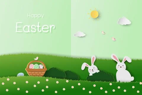 Happy Easter background with cute rabbits and easter eggs on paper cut and .. Stock Illustration