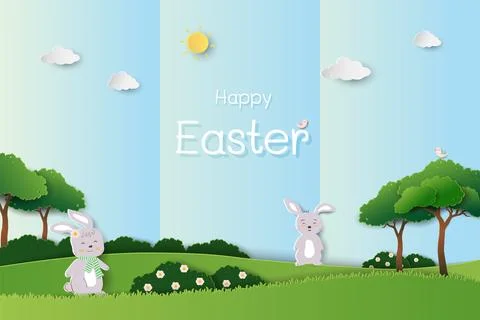 Happy Easter background with cute rabbits happy in the garden Stock Illustration