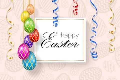 Happy Easter background, decorative text, hanging eggs, texture pastel. Greet 스톡 일러스트