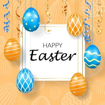 Happy Easter background, decorative text, hanging eggs, texture pastel. Greet Stock Illustration