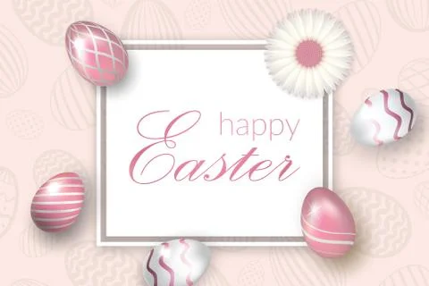 Happy Easter background, decorative text. Pastel texture, 3D egg, chamomile.  Illustrazione stock