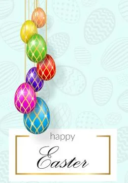 Happy Easter background, decorative text, hanging eggs, texture pastel. Greet Stock Illustration