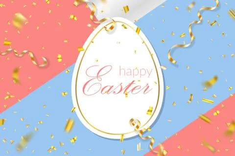 Happy Easter background, decorative text, confetti, eggs texture pastel. Gree 스톡 일러스트