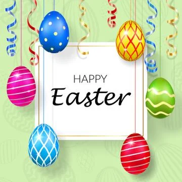 Happy Easter background, decorative text, hanging eggs, texture pastel. Greet 스톡 일러스트