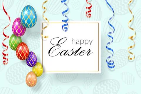 Happy Easter background, decorative text, hanging eggs, texture pastel. Greet Illustrazione stock