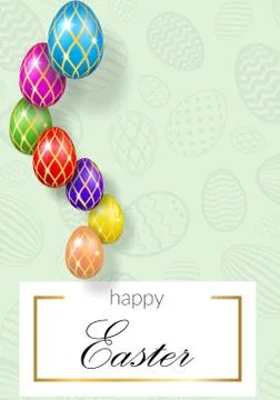 Happy Easter background, decorative text, hanging eggs, texture pastel. Greet Stock Illustration