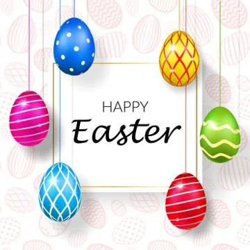Happy Easter background, decorative text, hanging eggs, texture pastel. Greet Illustrazione stock