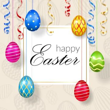 Happy Easter background, decorative text, hanging eggs, texture pastel. Greet Illustrazione stock